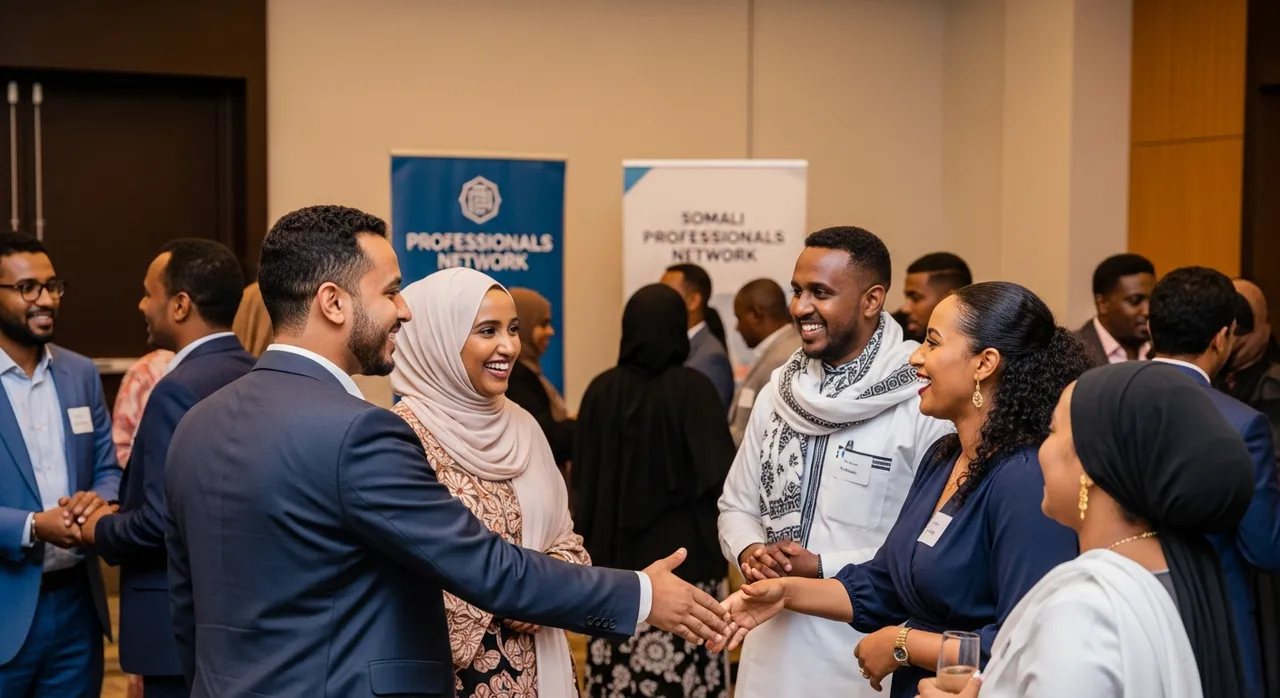 Professionals and community members networking at an evening event